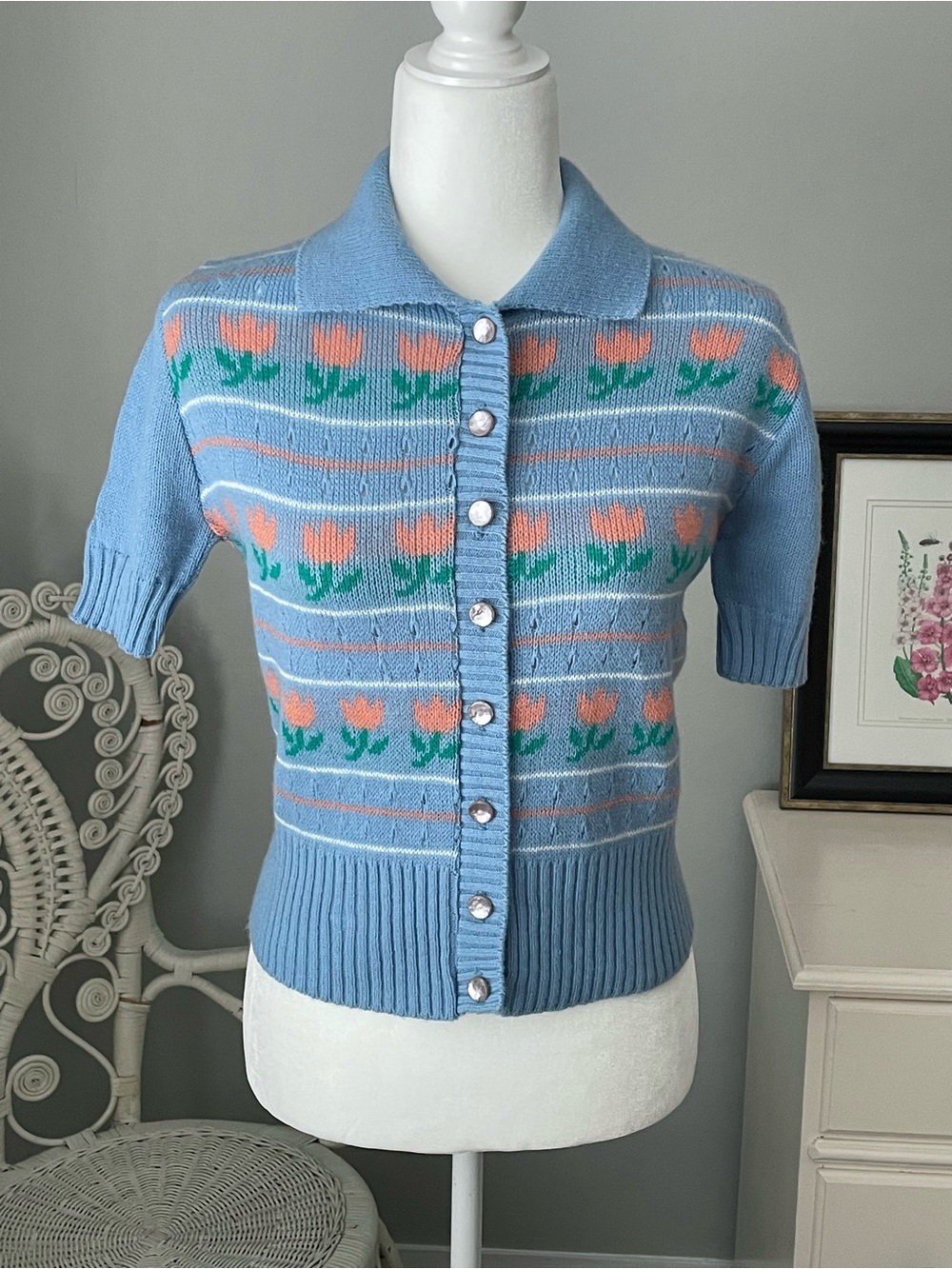 Vintage 1970s Blue Tulip Short-Sleeve Knit Cardigan Sweater, Size Small